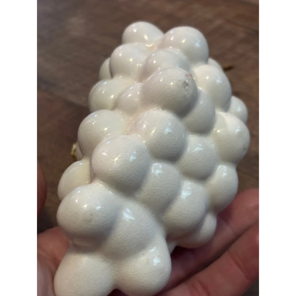 Vintage White Ceramic Crackle Glaze Fruit Set Apple and Grapes Metal Leaf Decor